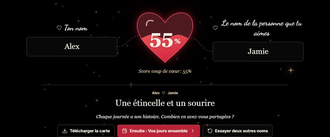 Un exemple du calculateur d'amour ClockTools : les noms fictifs Alex et Jamie, un cœur rubis affichant un score de 55 % et les boutons pour télécharger la carte, passer à l'activité suivante ou essayer deux autres noms.