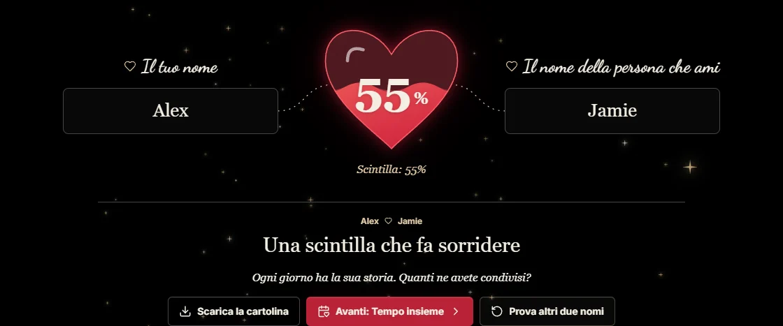 Il gioco dei nomi di ClockTools nella versione attuale, con i nomi di esempio Alex e Jamie, un cuore color rubino al 55% e i pulsanti distinti Scarica la cartolina, Avanti e Prova altri due nomi.