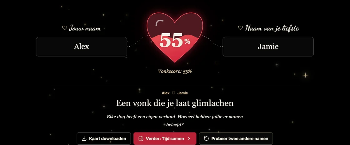 Voorbeeld uit de liefdescalculator van ClockTools: de fictieve namen Alex en Jamie en een robijnrood hart met een vonkscore van 55%.