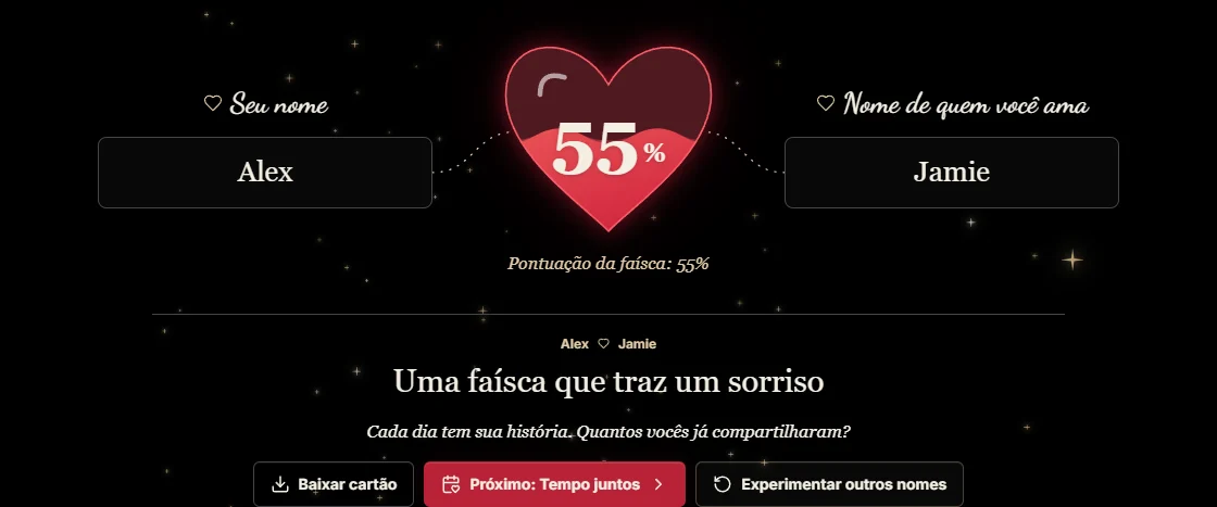 O jogo de nomes atual do ClockTools com os nomes de exemplo Alex e Jamie, um coração cor de rubi com 55% e botões separados para Baixar cartão, Próximo e Experimentar outros nomes.