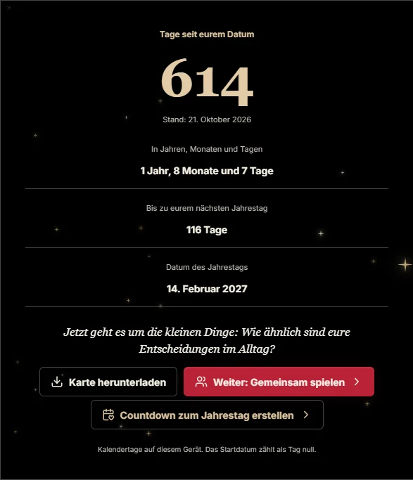 Beispielergebnis für gemeinsame Tage: 614 Tage vom 14. Februar 2025 bis zum 21. Oktober 2026. Der nächste Jahrestag wird gesondert angezeigt.