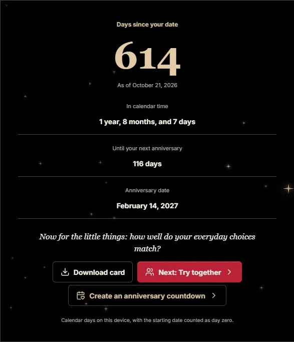 Example days-together result: 614 days from February 14, 2025 to October 21, 2026, with the next anniversary shown separately.