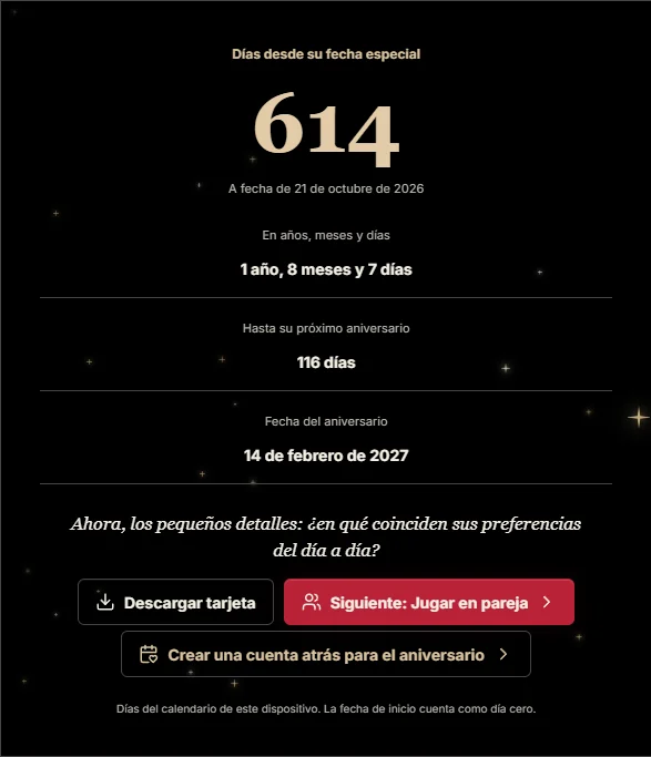Ejemplo del resultado de Tiempo juntos: 614 días desde el 14 de febrero de 2025 hasta el 21 de octubre de 2026, con el próximo aniversario indicado por separado.