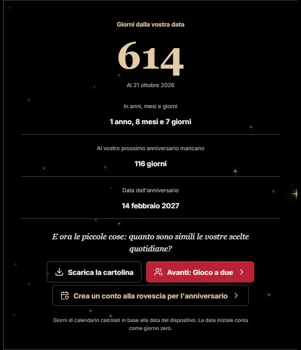 Esempio del contatore del tempo insieme: 614 giorni dal 14 febbraio 2025 al 21 ottobre 2026, con il prossimo anniversario indicato a parte.