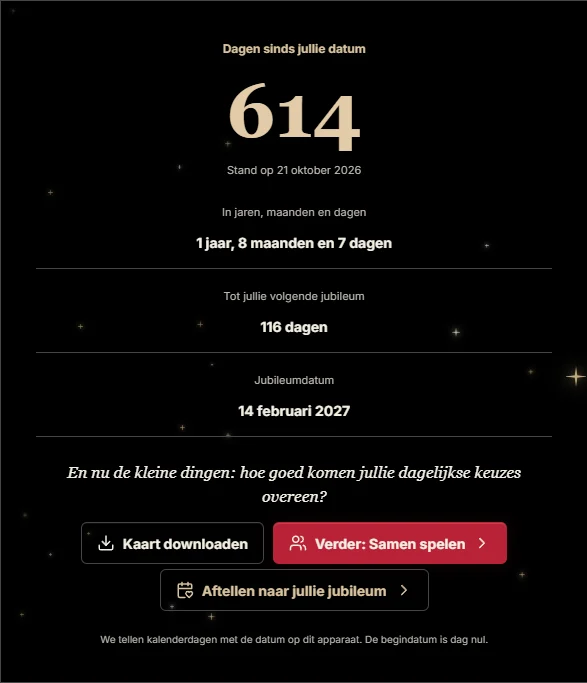 Voorbeeld van de dagenteller: 614 dagen van 14 februari 2025 tot 21 oktober 2026. Het volgende jubileum staat apart vermeld.
