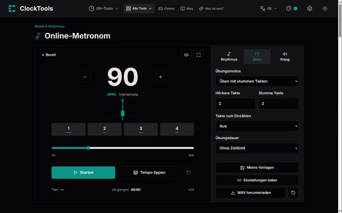 ClockTools-Metronom bei 90 BPM im 4/4-Takt mit abwechselnd zwei hörbaren und zwei stummen Takten