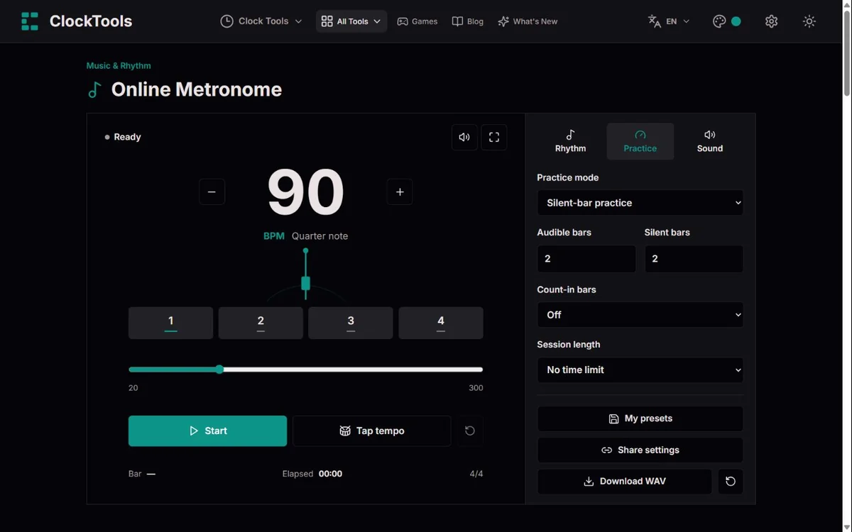 ClockTools metronome set to 90 BPM in 4/4, with two audible bars alternating with two silent bars