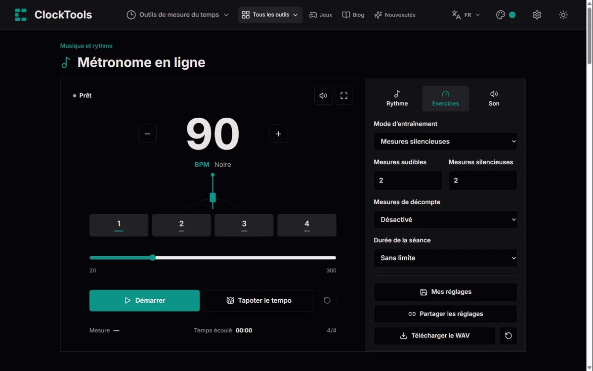 Métronome ClockTools réglé à 90 BPM en 4/4, avec deux mesures audibles alternant avec deux mesures silencieuses