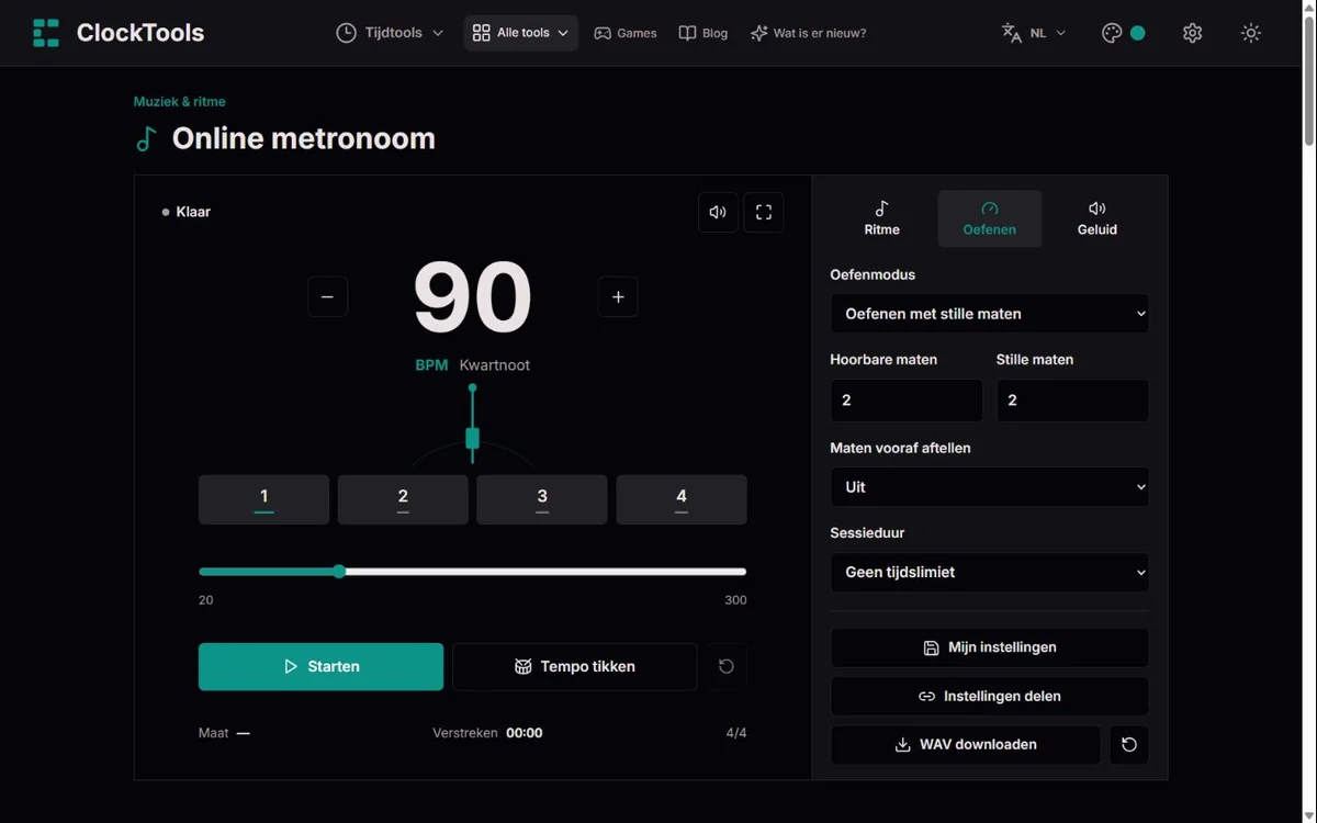 ClockTools-metronoom bij 90 BPM in 4/4, met afwisselend twee hoorbare en twee stille maten