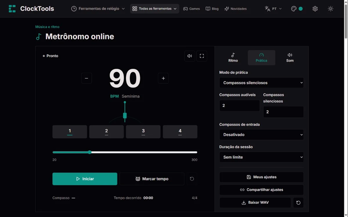 Metrônomo ClockTools a 90 BPM em 4/4, alternando dois compassos audíveis com dois compassos silenciosos