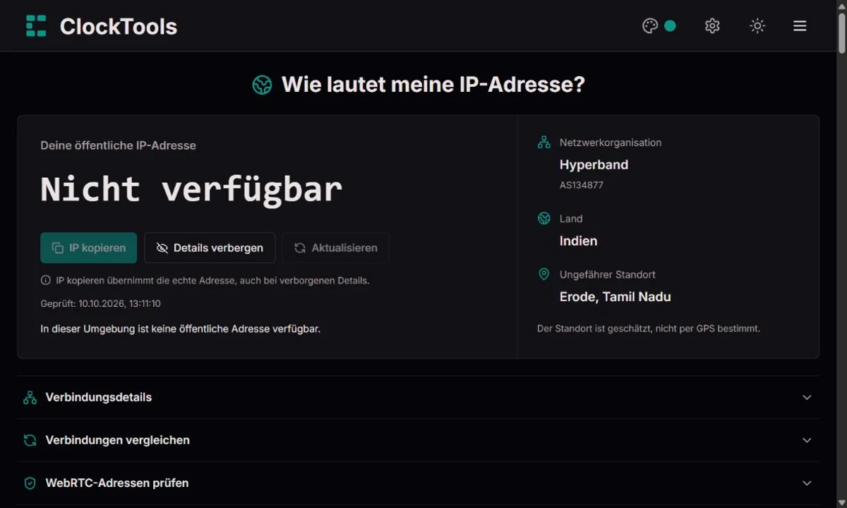 ClockTools-IP-Anzeige mit verborgener Adresse und genauen Standortdaten
