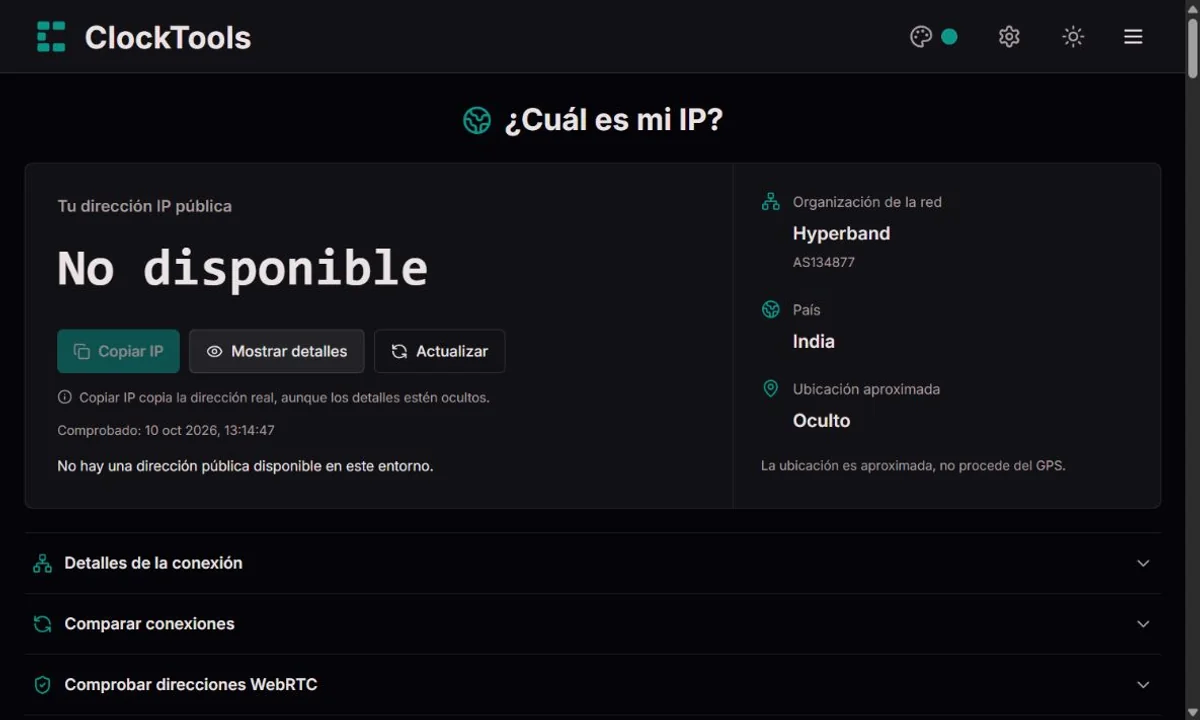 Panel IP de ClockTools con dirección y ubicación precisa ocultas