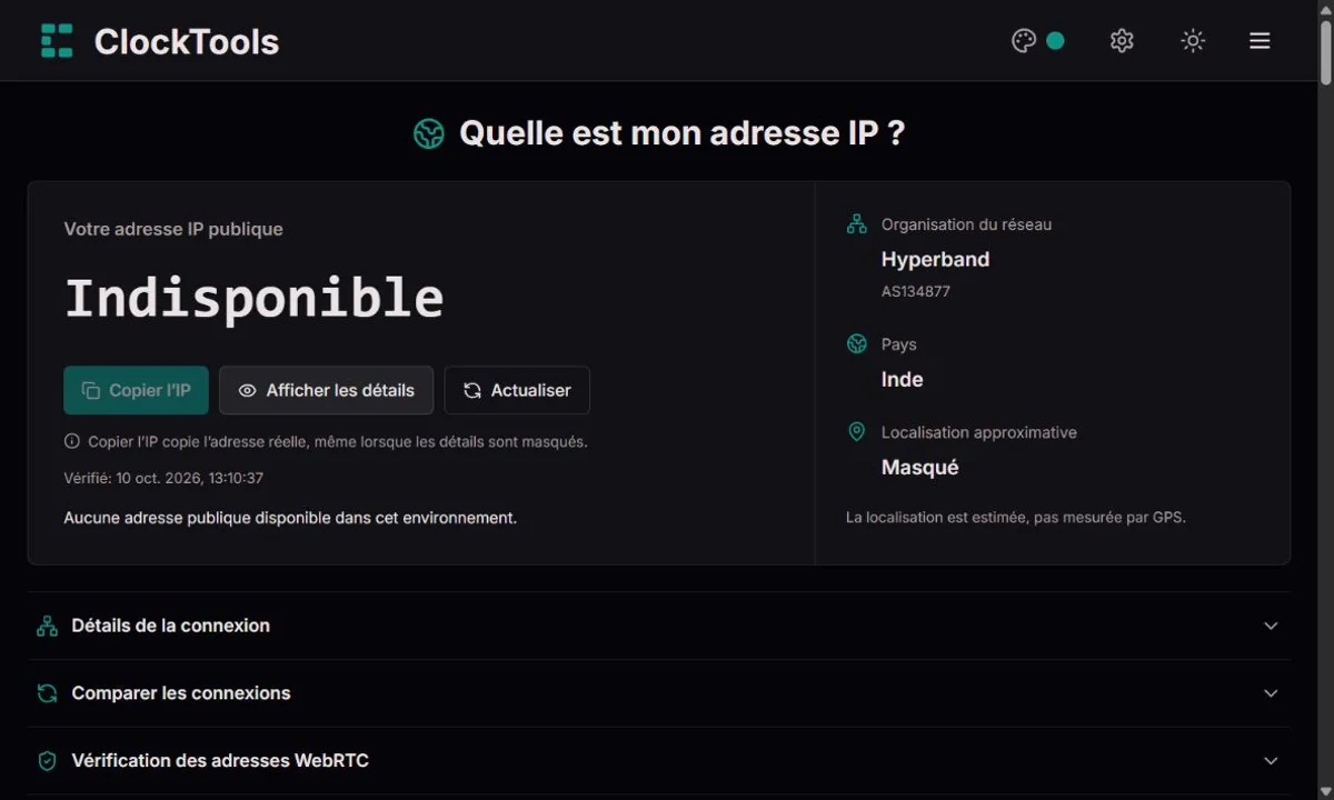 Tableau IP ClockTools avec adresse et localisation précise masquées