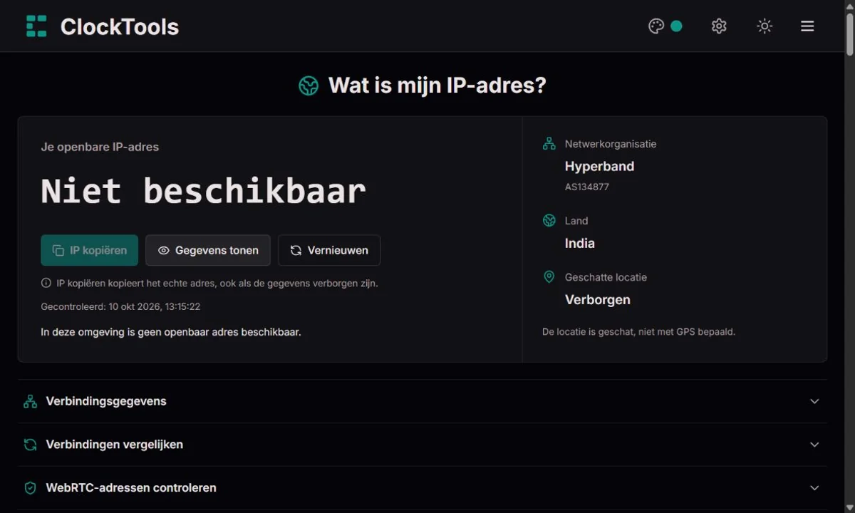 ClockTools-IP-scherm met verborgen adres en precieze locatie
