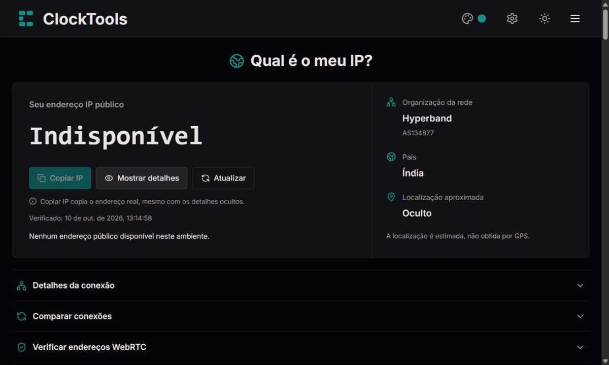 Painel IP do ClockTools com endereço e localização precisa ocultos
