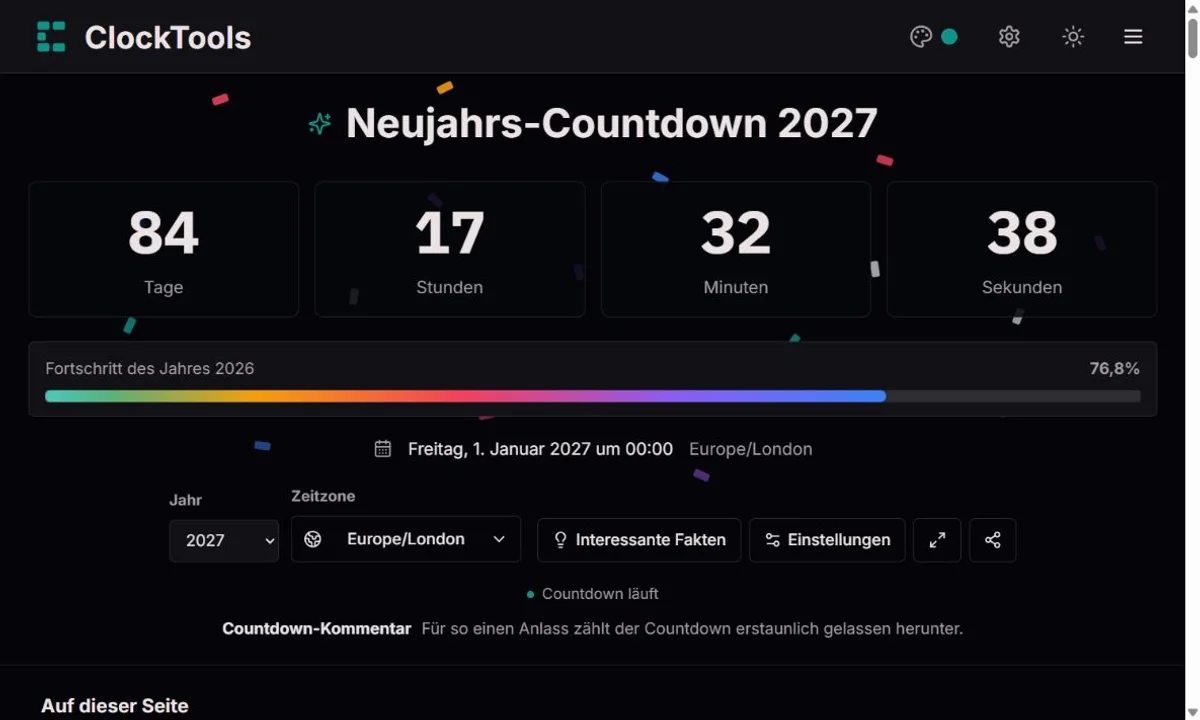 Neujahrs-Countdown mit ausgewählter Stadt und großer Anzeige für Tage, Stunden, Minuten und Sekunden