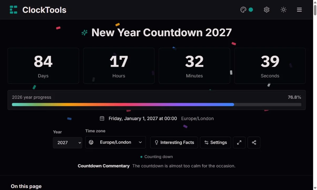 New Year Countdown with a selected city and a large days, hours, minutes and seconds display