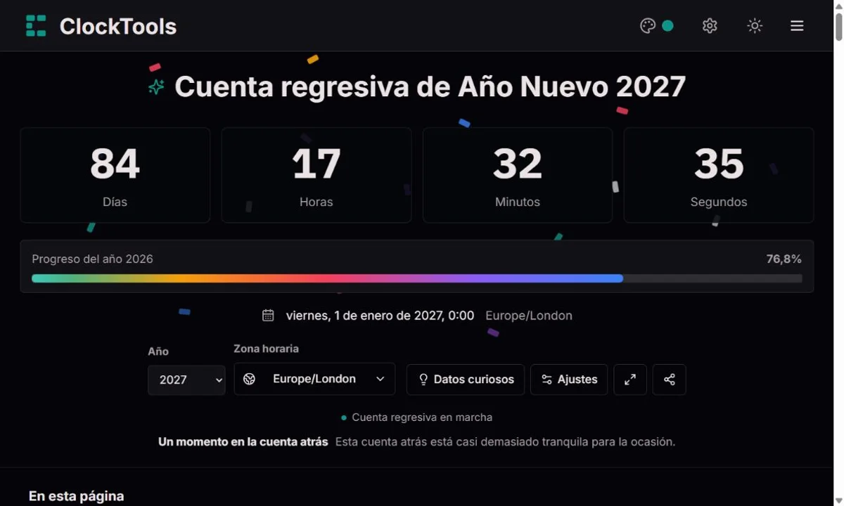 Cuenta regresiva de Año Nuevo con una ciudad elegida y una pantalla grande de días, horas, minutos y segundos