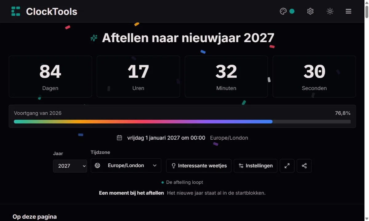 Nieuwjaarsaftelling met een gekozen stad en grote cijfers voor dagen, uren, minuten en seconden