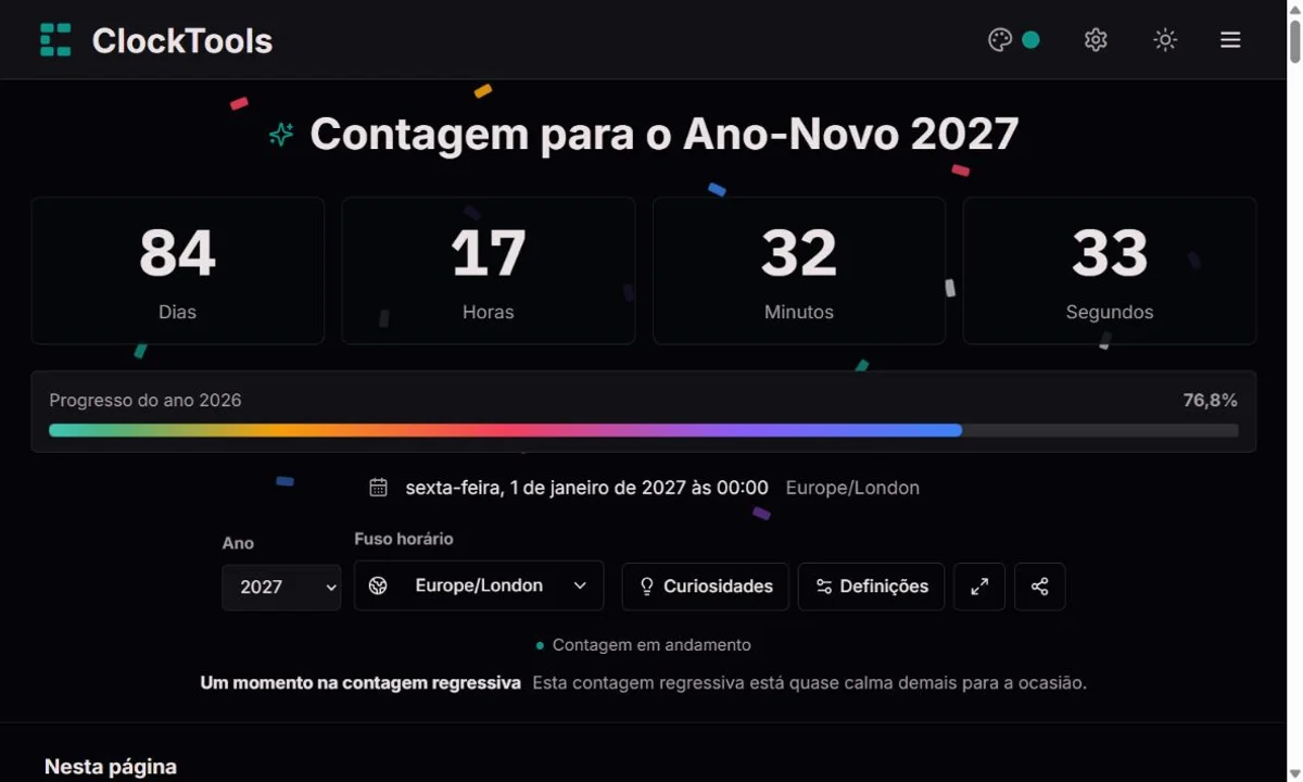 Contagem de Ano-Novo com cidade escolhida e números grandes de dias, horas, minutos e segundos