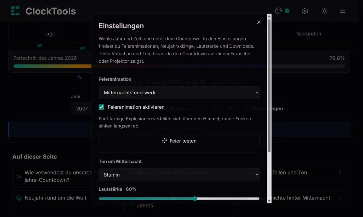 Anzeige- und Toneinstellungen im Neujahrs-Countdown