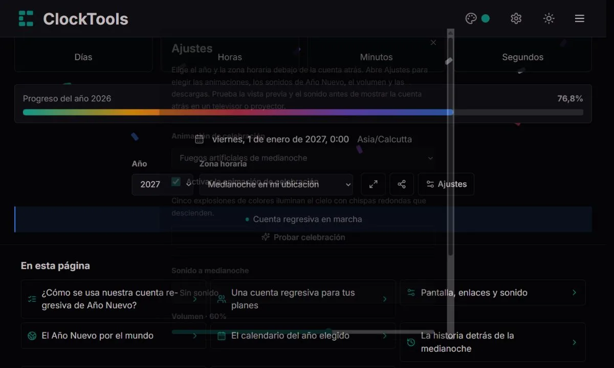 Opciones de pantalla y sonido de la cuenta regresiva de Año Nuevo