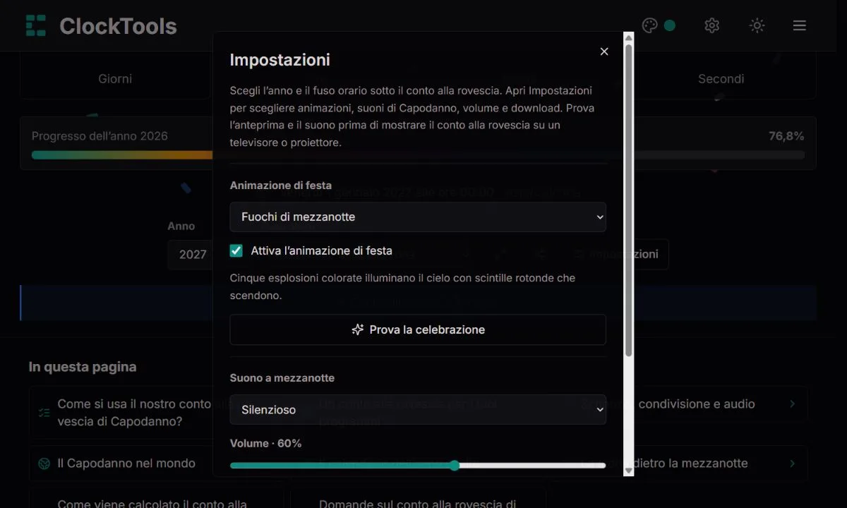 Impostazioni dello schermo e dell’audio del conto alla rovescia di Capodanno