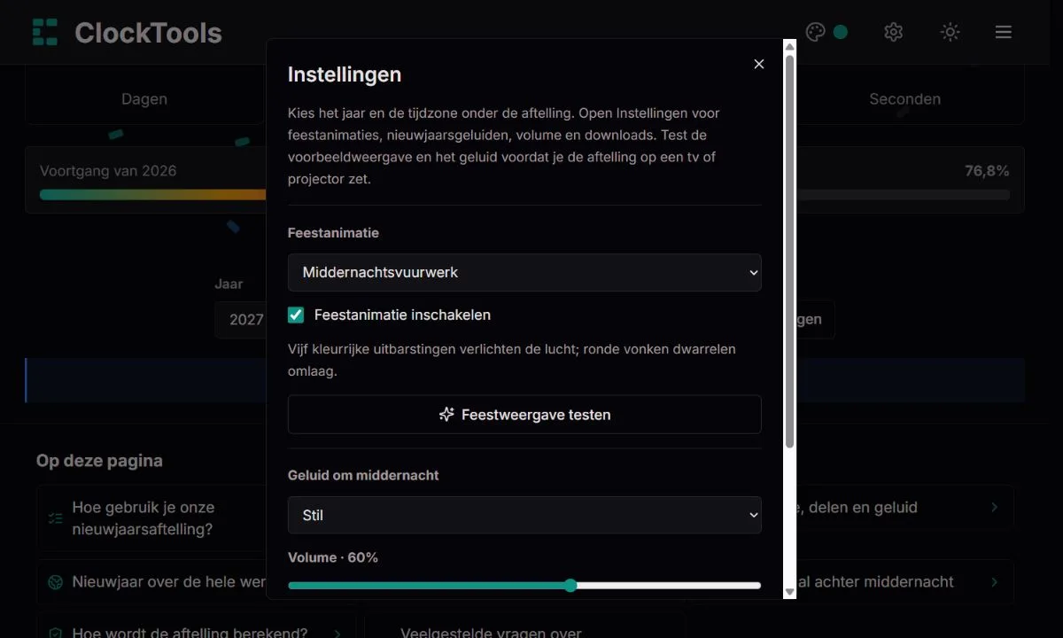 Weergave- en geluidsinstellingen van de nieuwjaarsaftelling