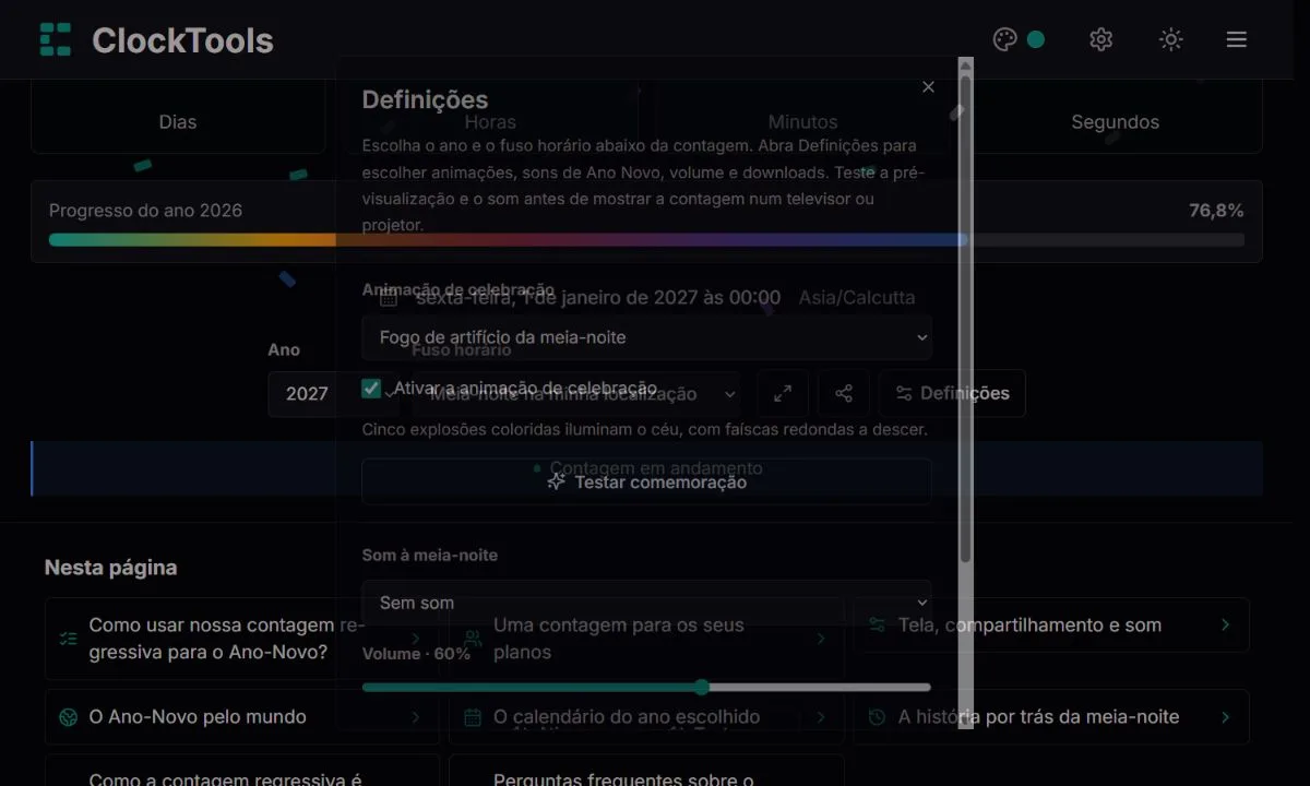 Configurações de tela e som da contagem de Ano-Novo