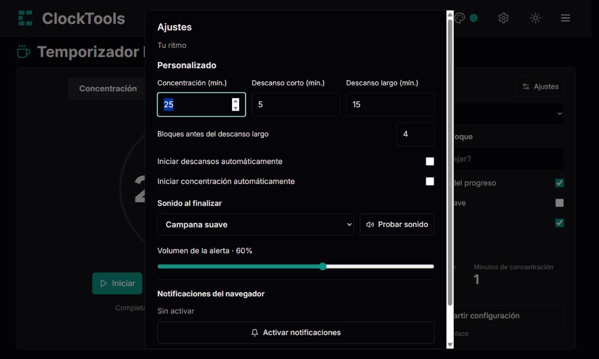 Ajustes Pomodoro con duraciones propias, transiciones automáticas y audio independiente
