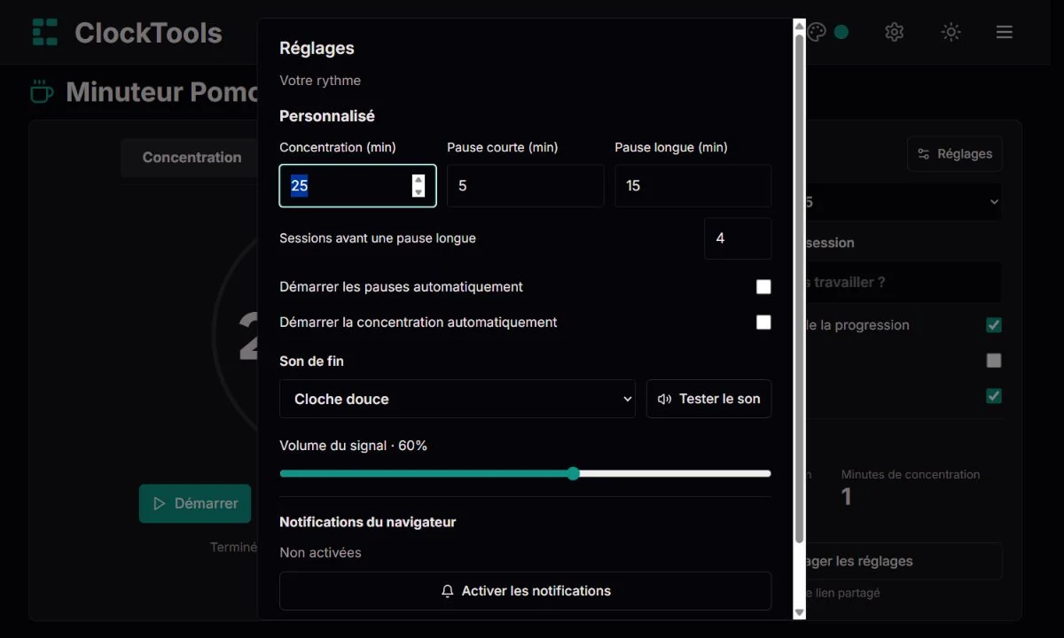 Réglages Pomodoro avec durées personnalisées, transitions automatiques et commandes audio séparées