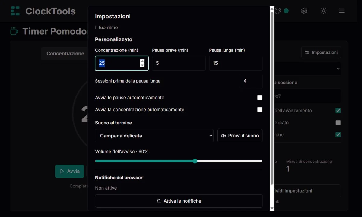 Impostazioni Pomodoro con durate personalizzate, transizioni automatiche e audio separato