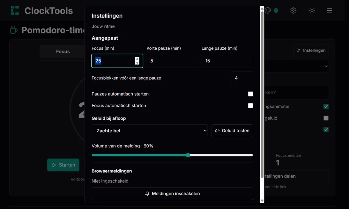 Pomodoro-instellingen met eigen tijden, automatische overgangen en aparte audiokeuzes