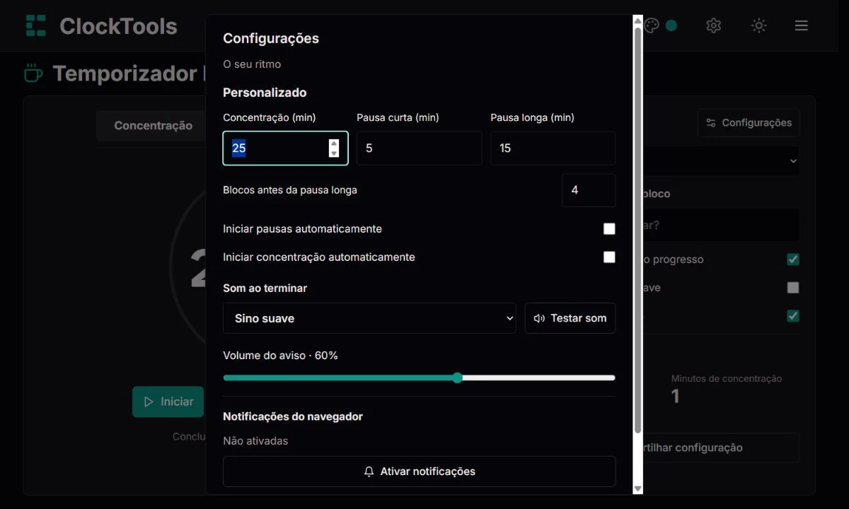 Configurações Pomodoro com durações personalizadas, transições automáticas e áudio independente