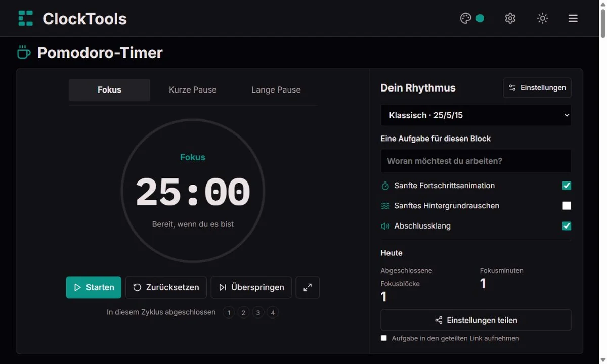 ClockTools-Pomodoro-Timer mit Phasenwahl, Fortschrittsring und Fokuseinstellungen