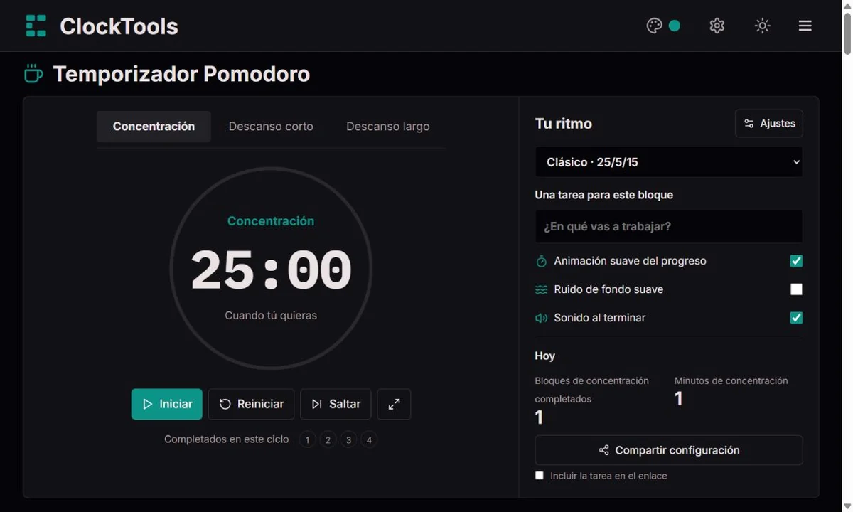 Temporizador Pomodoro de ClockTools con fases, anillo de progreso y ajustes