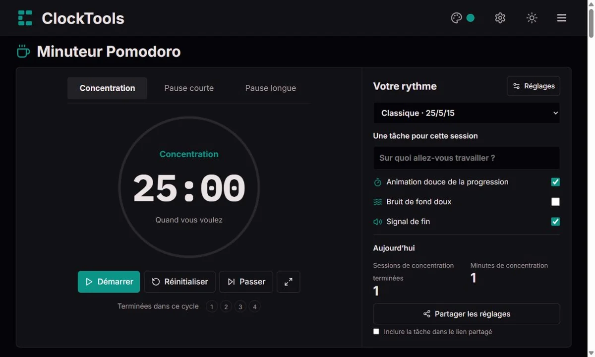 Minuteur Pomodoro ClockTools avec phases, anneau de progression et réglages