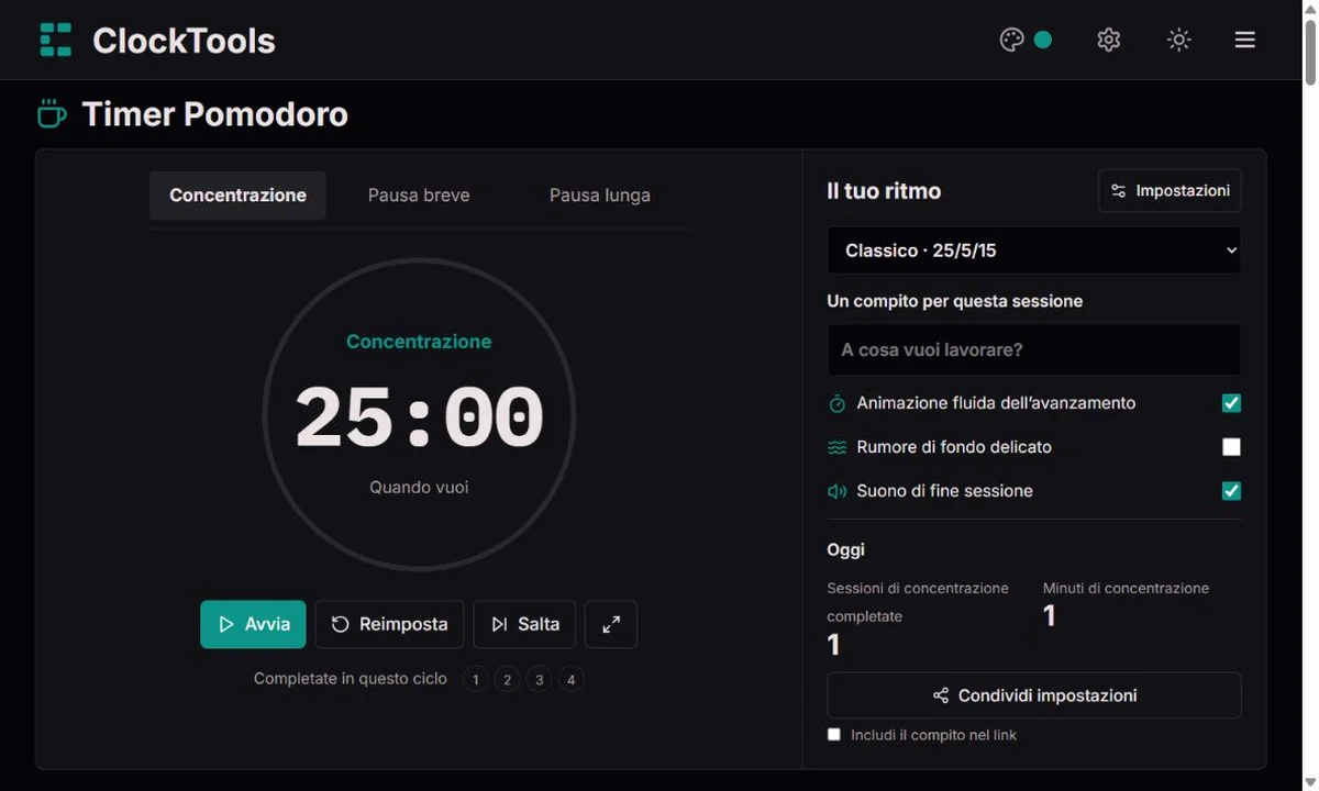 Timer Pomodoro ClockTools con fasi, anello di avanzamento e impostazioni