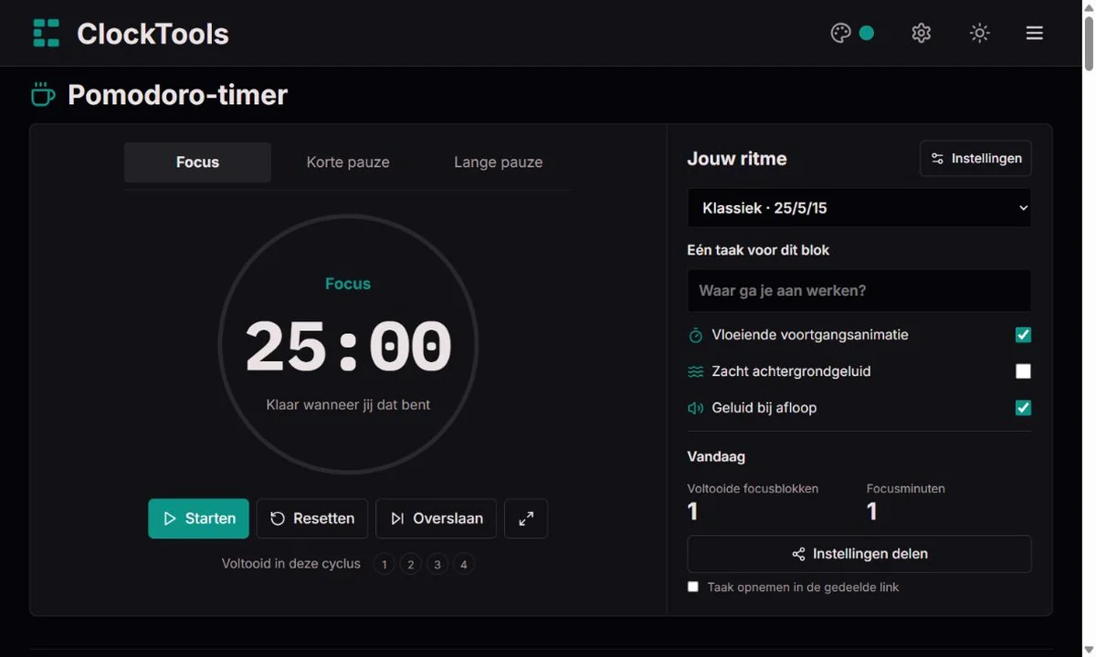 ClockTools Pomodoro-timer met faseselectie, voortgangsring en instellingen