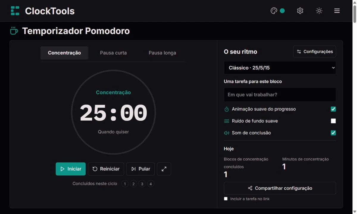 Temporizador Pomodoro ClockTools com fases, anel de progresso e configurações