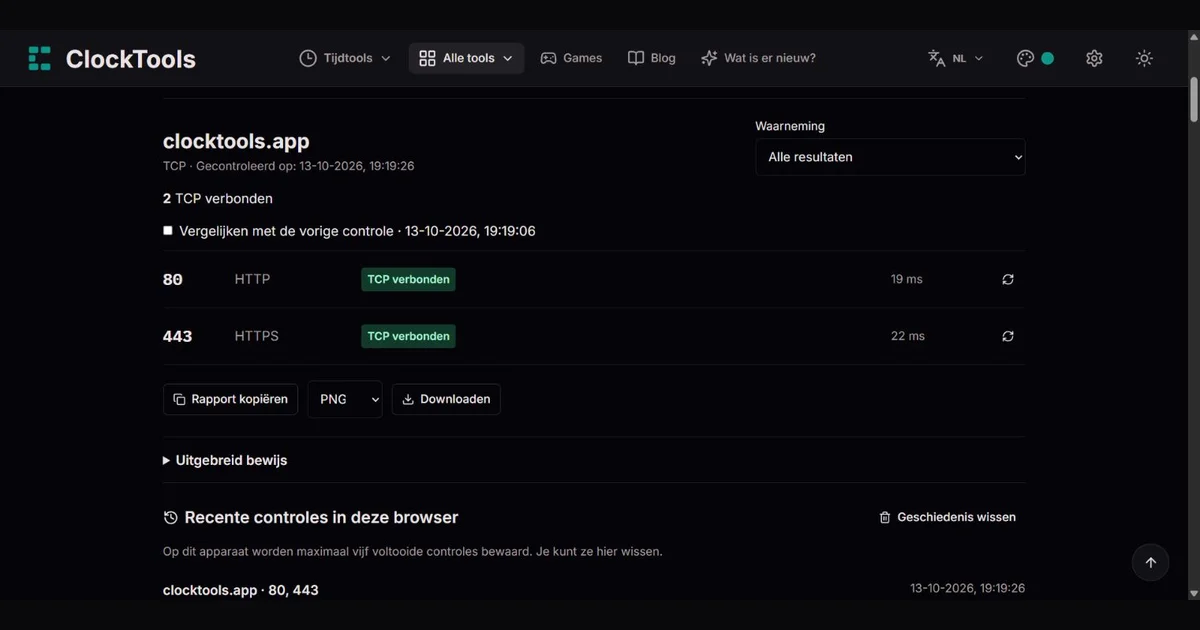 ClockTools-poortscannerresultaten voor clocktools.app met waarnemingen en rapportknoppen