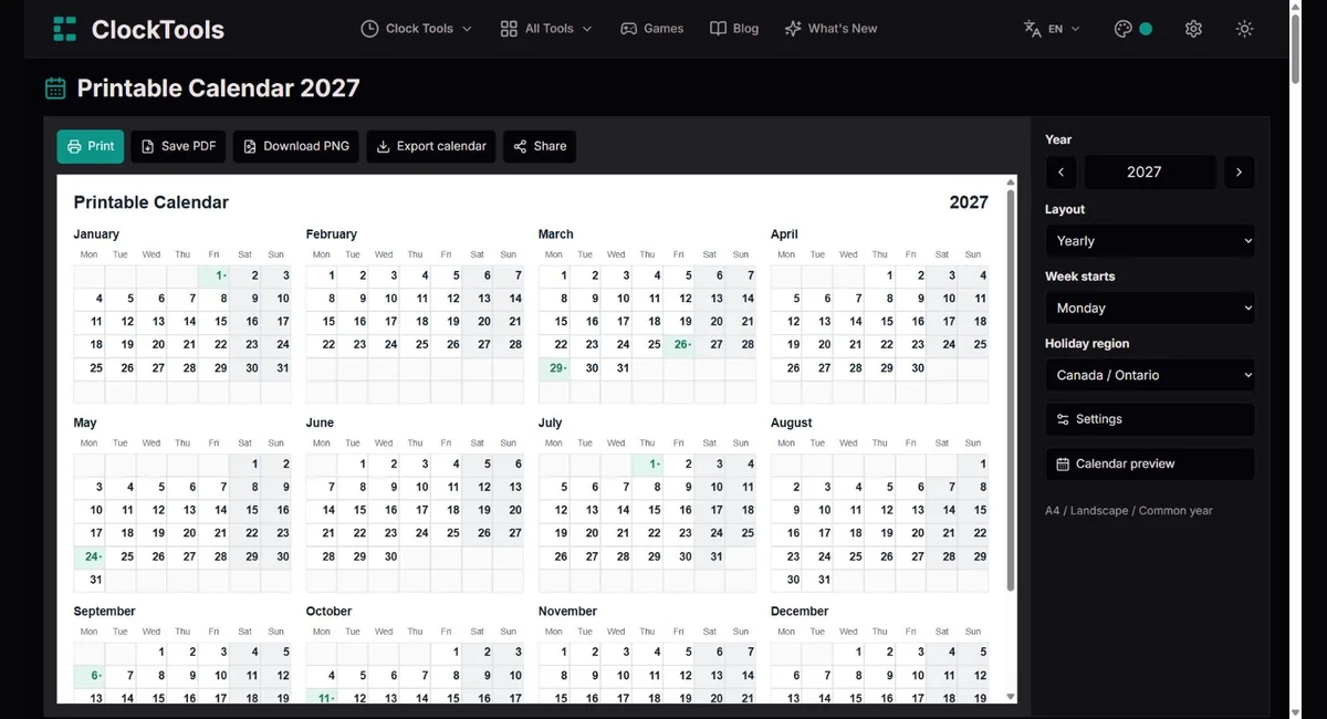 Our yearly calendar preview with its setup and print controls