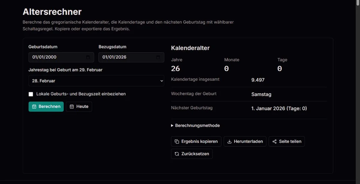 Beispiel für ein Kalenderalter von 26 Jahren
