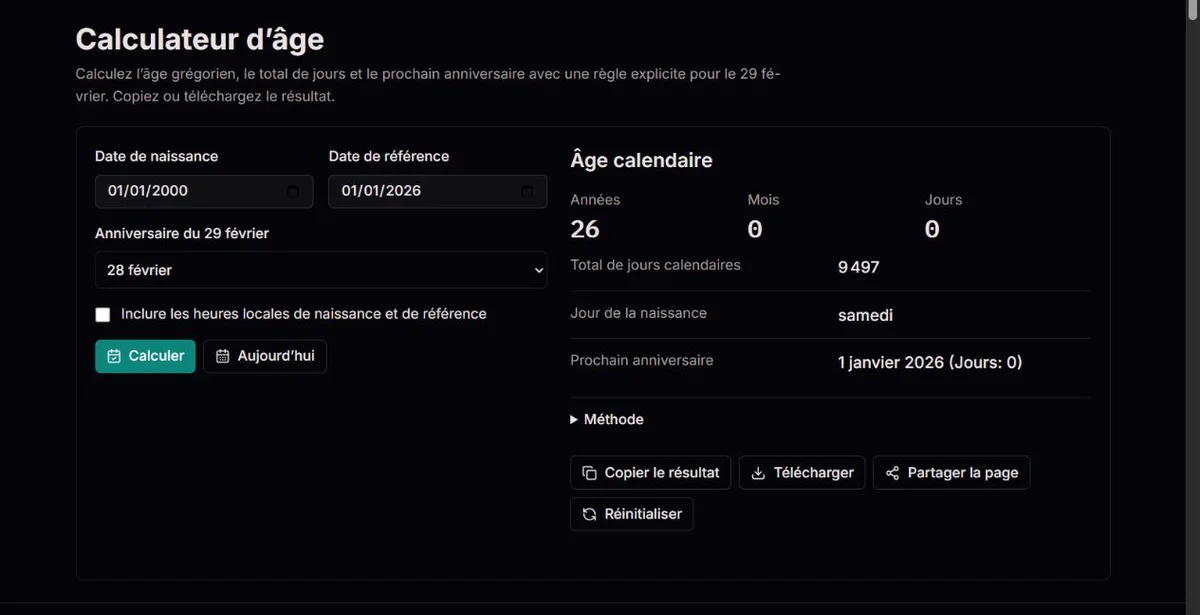 Exemple d’âge calendaire de 26 ans