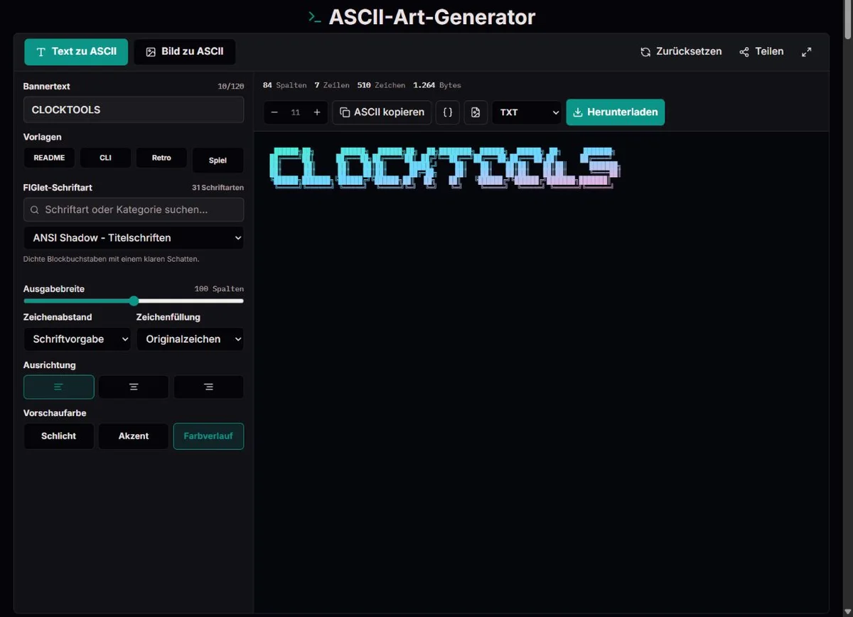 CLOCKTOOLS als Zeichenbanner im Textmodus