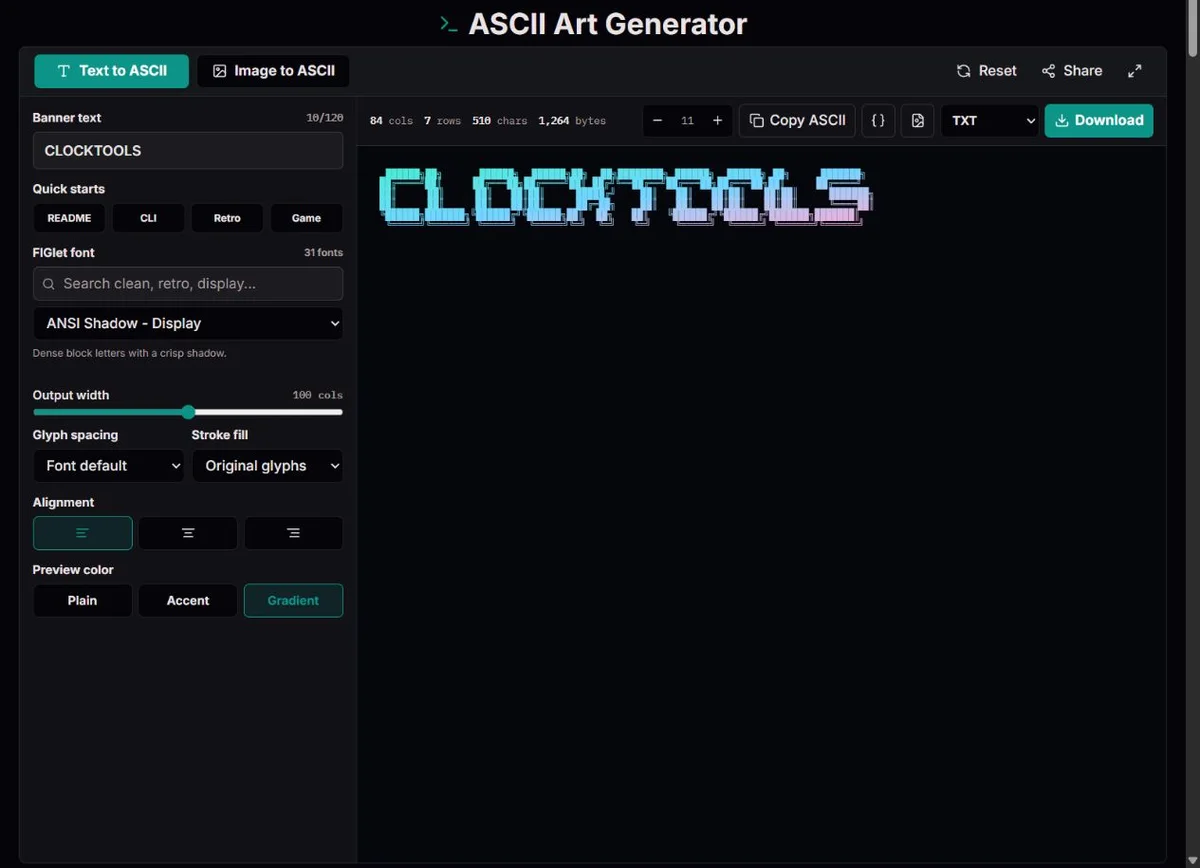 CLOCKTOOLS text rendered as a character banner in text mode