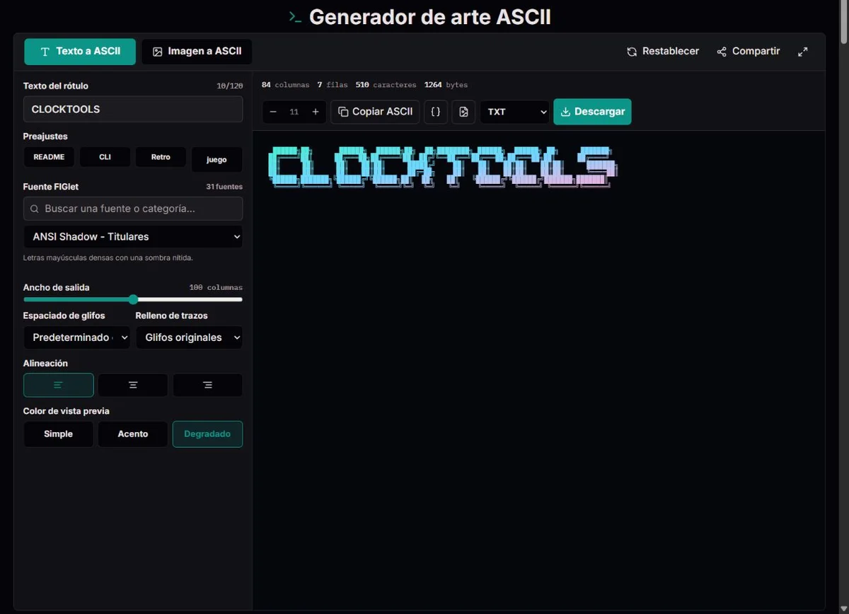 Texto CLOCKTOOLS convertido en un rótulo de caracteres en modo texto