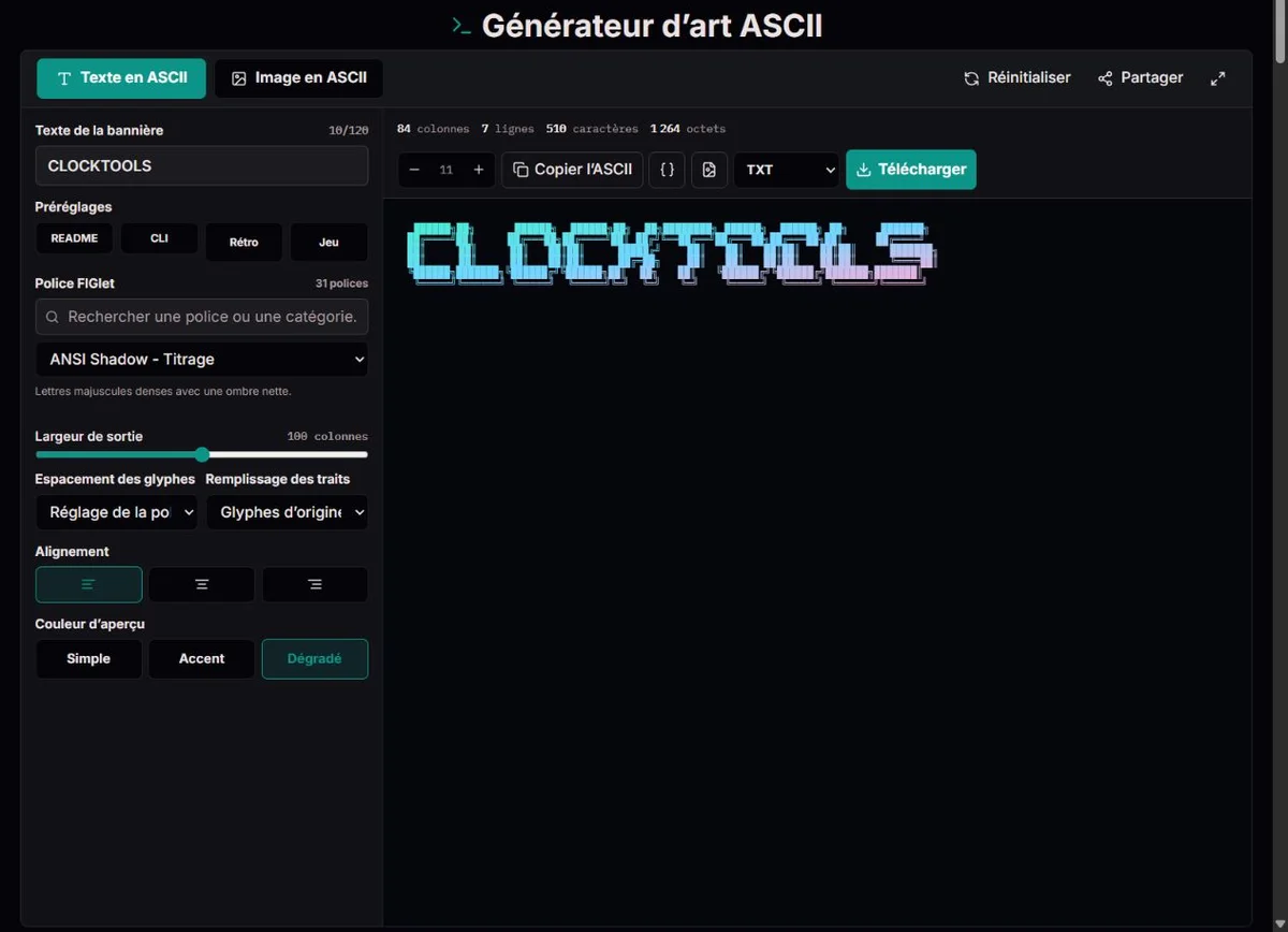 Texte CLOCKTOOLS rendu en bannière de caractères en mode texte