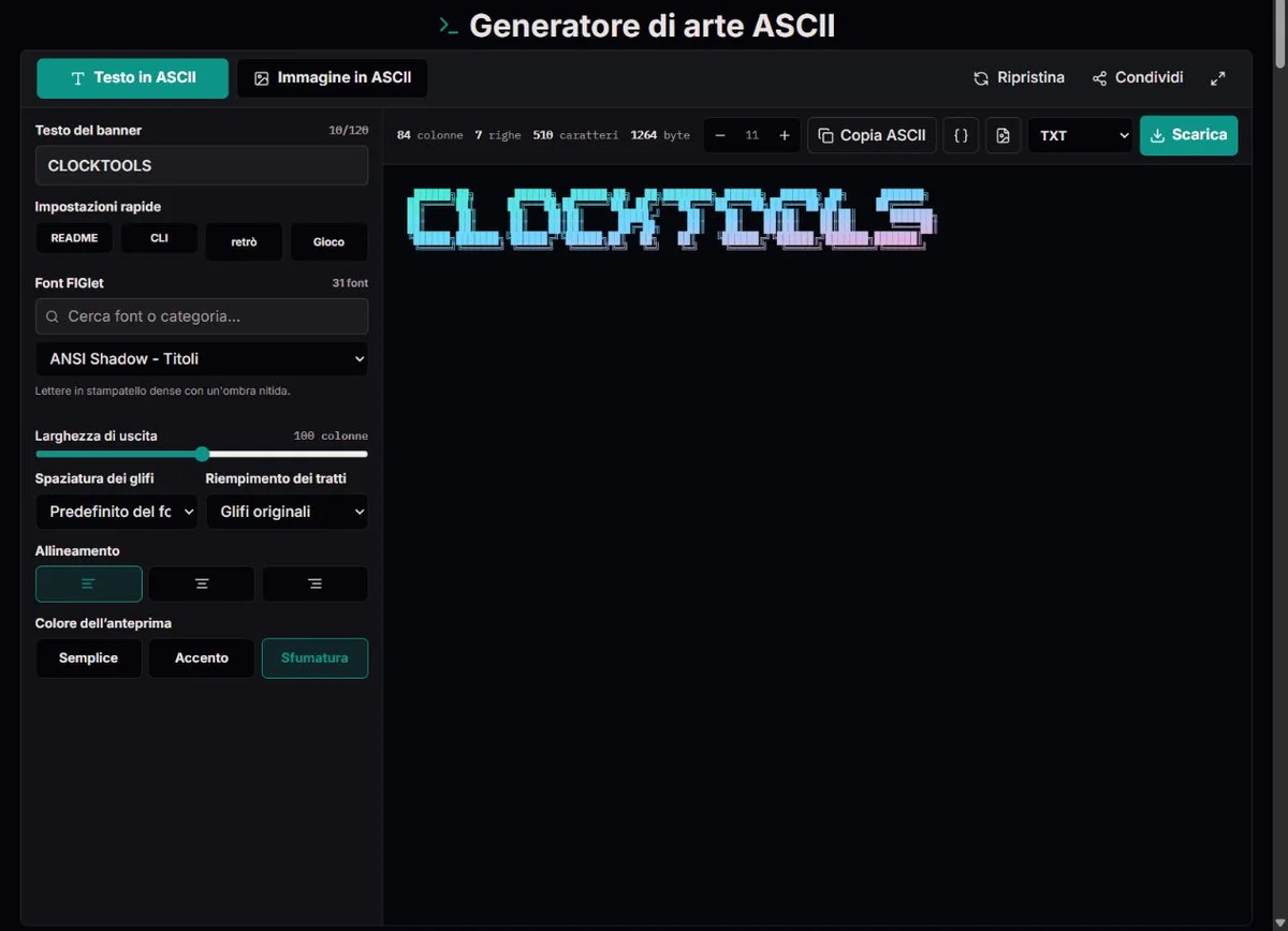 Testo CLOCKTOOLS reso come scritta di caratteri in modalità testo