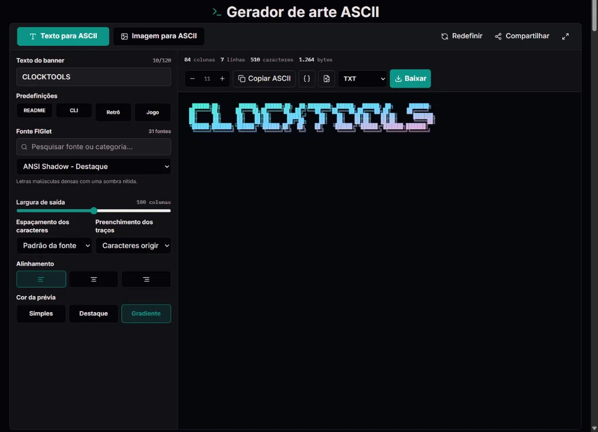 Texto CLOCKTOOLS em um letreiro de caracteres no modo texto